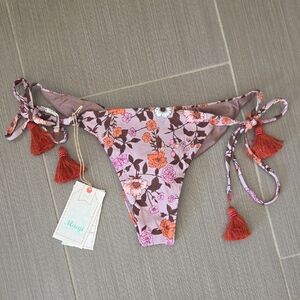 Maaji Pink Floral Tie-Side Bikini Bottom with Rust Tassels